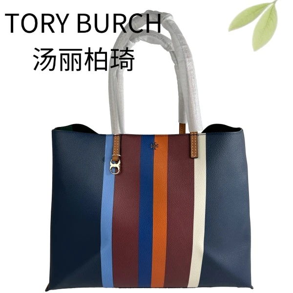 99新 TORY BURCH/汤丽柏琦 深蓝竖纹托特手提包G25127395底40X31