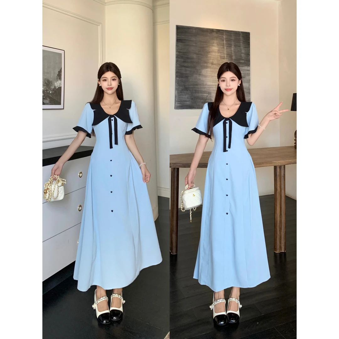 泡芙奶蓝 森系宽松少女长裙夏季气质小香风连衣裙赫本风连衣裙夏