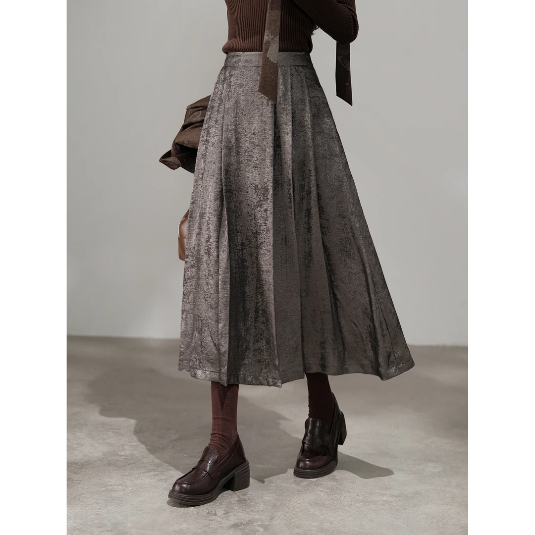 木易易 复古高腰星河银半身裙女2025新款秋小个子垂坠感百褶a字裙