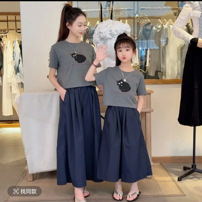 女童夏季黑猫t恤棉布裙裤套装2025新款中大童装短袖阔腿裤两件套T