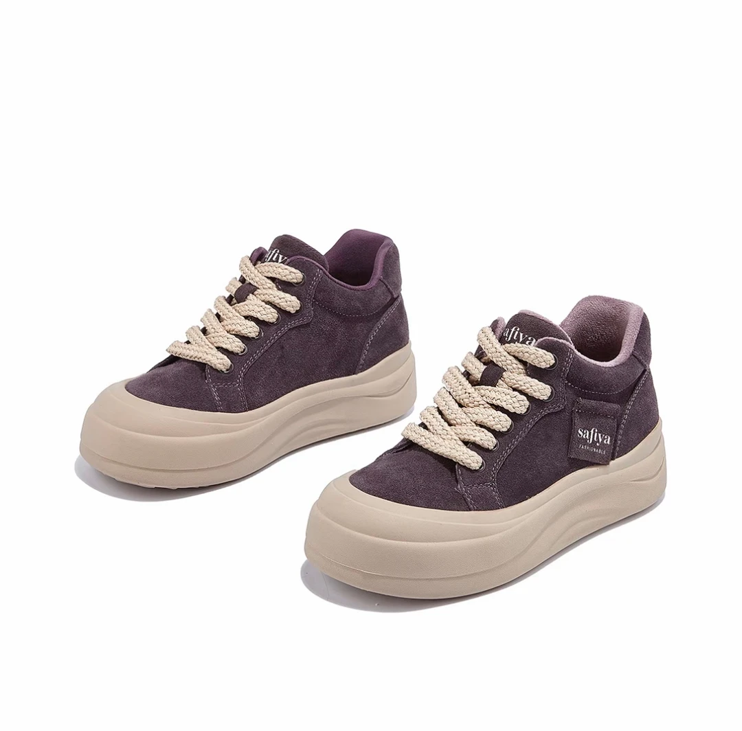 跟高5厘米加绒复古真皮高帮女鞋2025秋冬新款系带圆头休闲女鞋