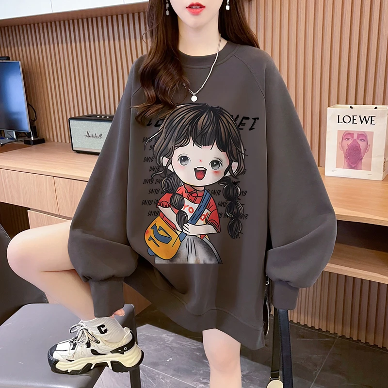 秋冬季2025爆款卡通圆领卫衣女韩版中长款宽松慵懒风减龄加绒上衣