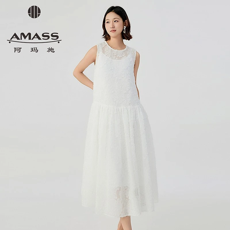 阿玛施AMASS夏季薄款轻奢高档洋气无袖蕾丝显瘦阿玛施无袖连衣裙