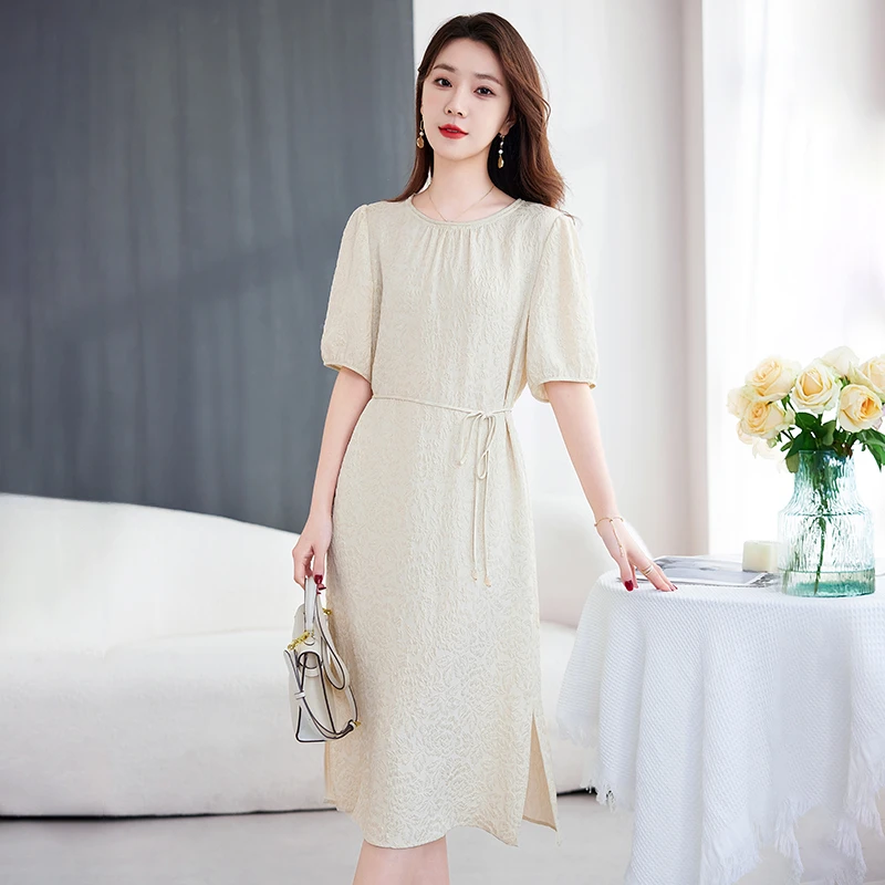 提花冠乐绉真丝连衣裙女夏季新款短袖轻奢洋气质高级感桑蚕丝裙子