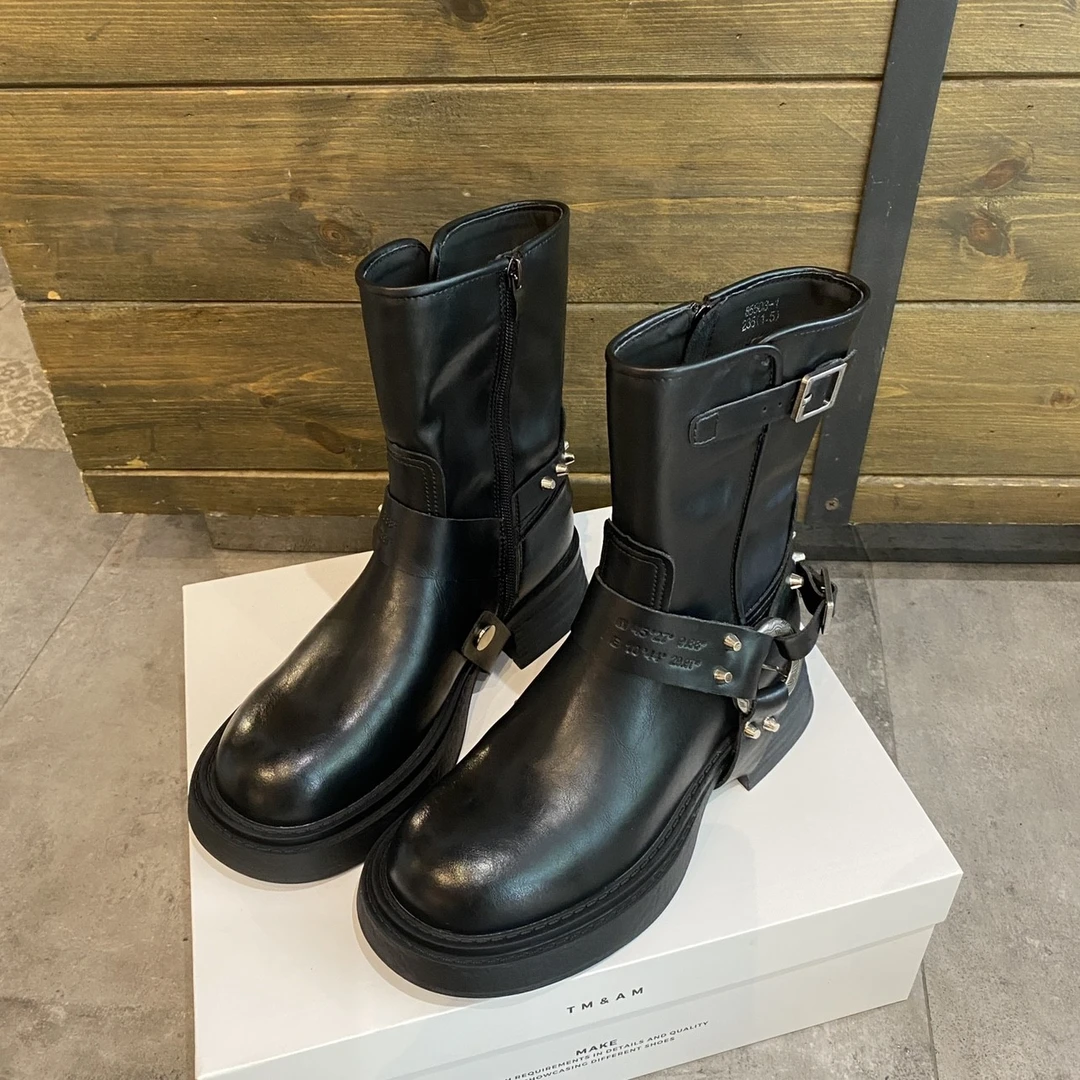 厚底马丁靴女2025秋季新款百搭黑色皮带扣粗跟短靴英伦西部牛仔靴