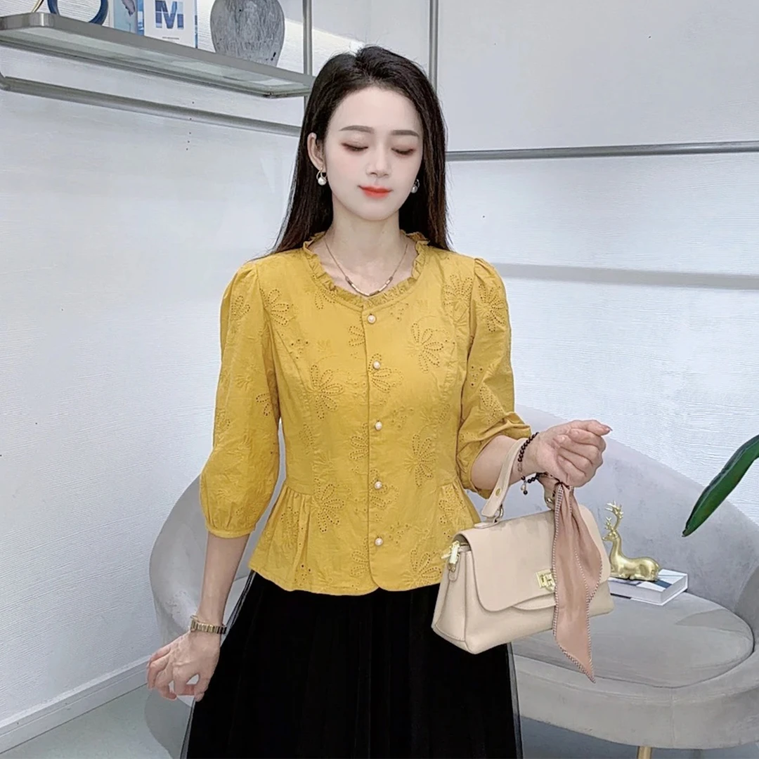 法式花边圆领衬衫女2025早秋新款小个子洋气减龄显瘦别致百搭上衣