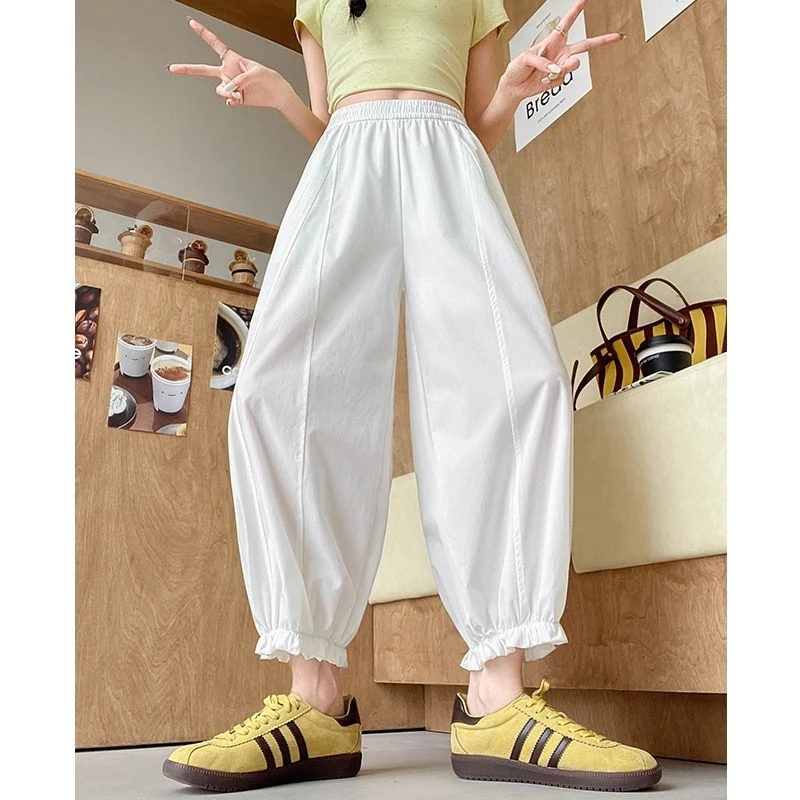 薄款白色洋气阔腿裤女夏季高腰灯笼裤宽松显瘦七分裤松紧腰冰丝裤
