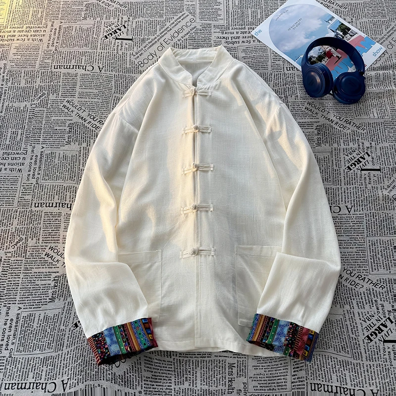 新中式中国风印花亚麻衬衫男长袖春季立领唐装茶服宽松高级感外套
