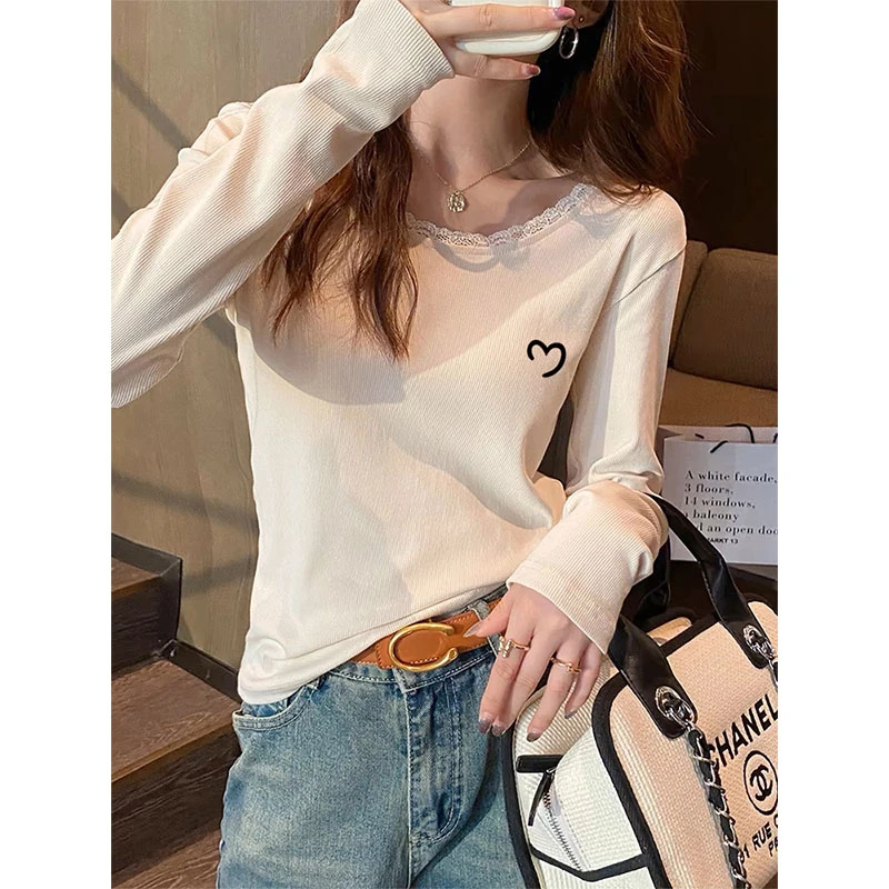 杏色领口拼接蕾丝小众打底衫长袖t恤女2025春秋韩版时尚百搭上衣