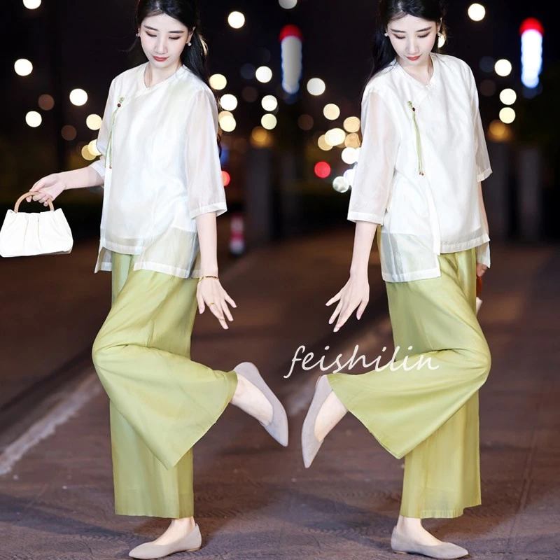新中式阔腿裤套装女薄款2025夏季新款气质宽松洋气减龄国风两件套