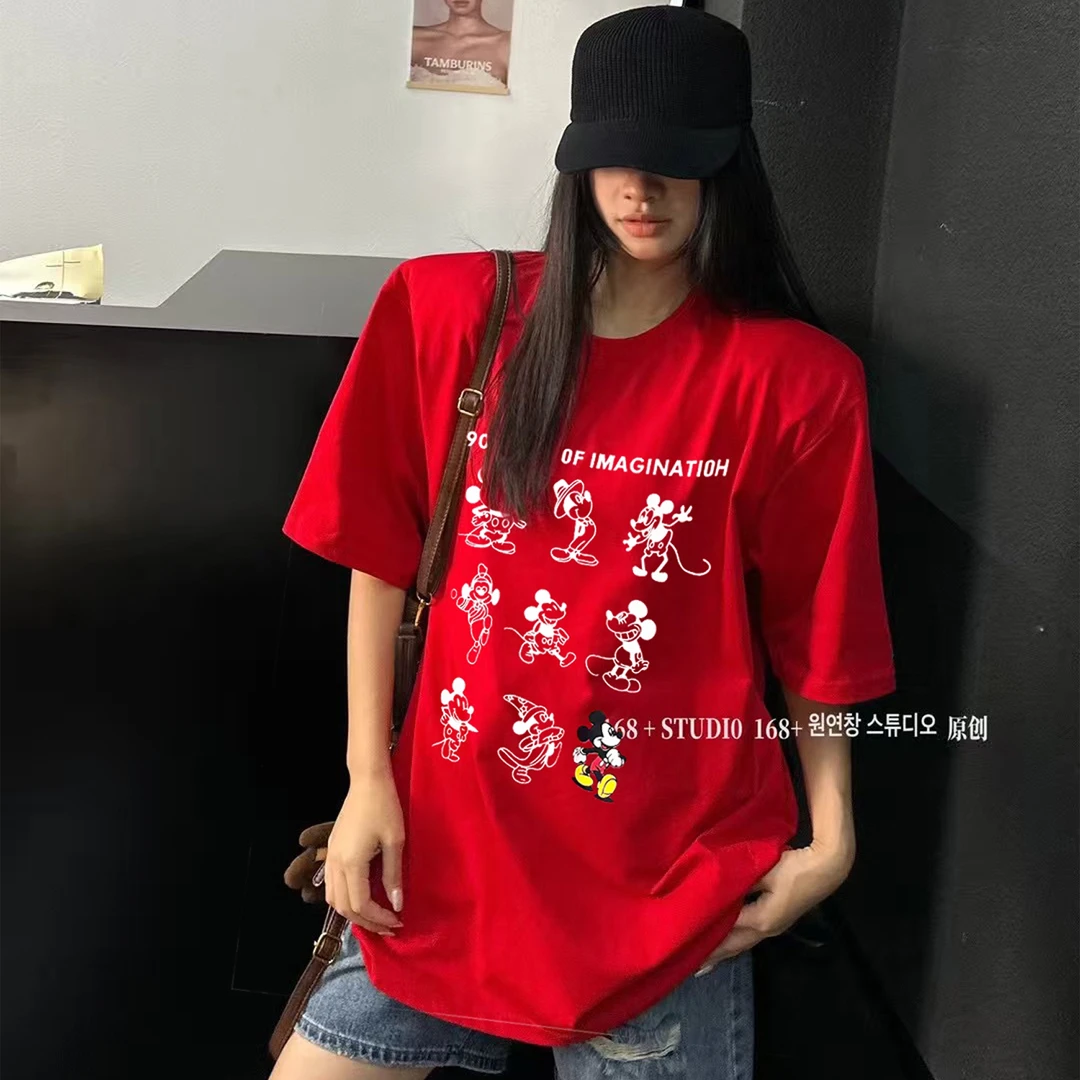 卡通米奇印花新款夏季宽松垫肩短袖女宽松韩版大码红色上衣T恤衫
