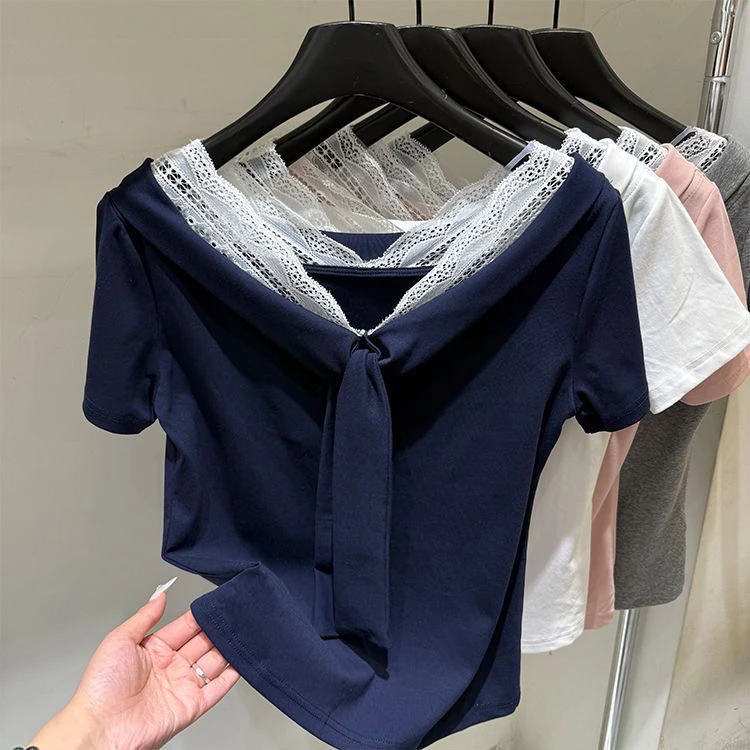 纯棉高档纯欲辣妹假两件v领短袖t恤女夏季蕾丝拼接修身遮肉上衣