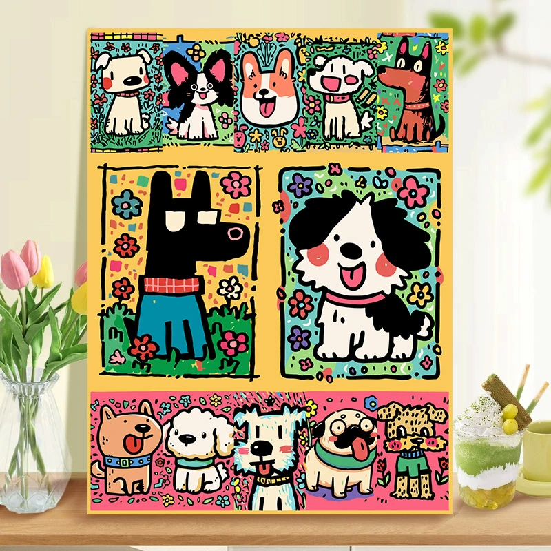 diy数字油画彩色多巴胺小狗猫咪系列手工填充填色解压装饰挂画