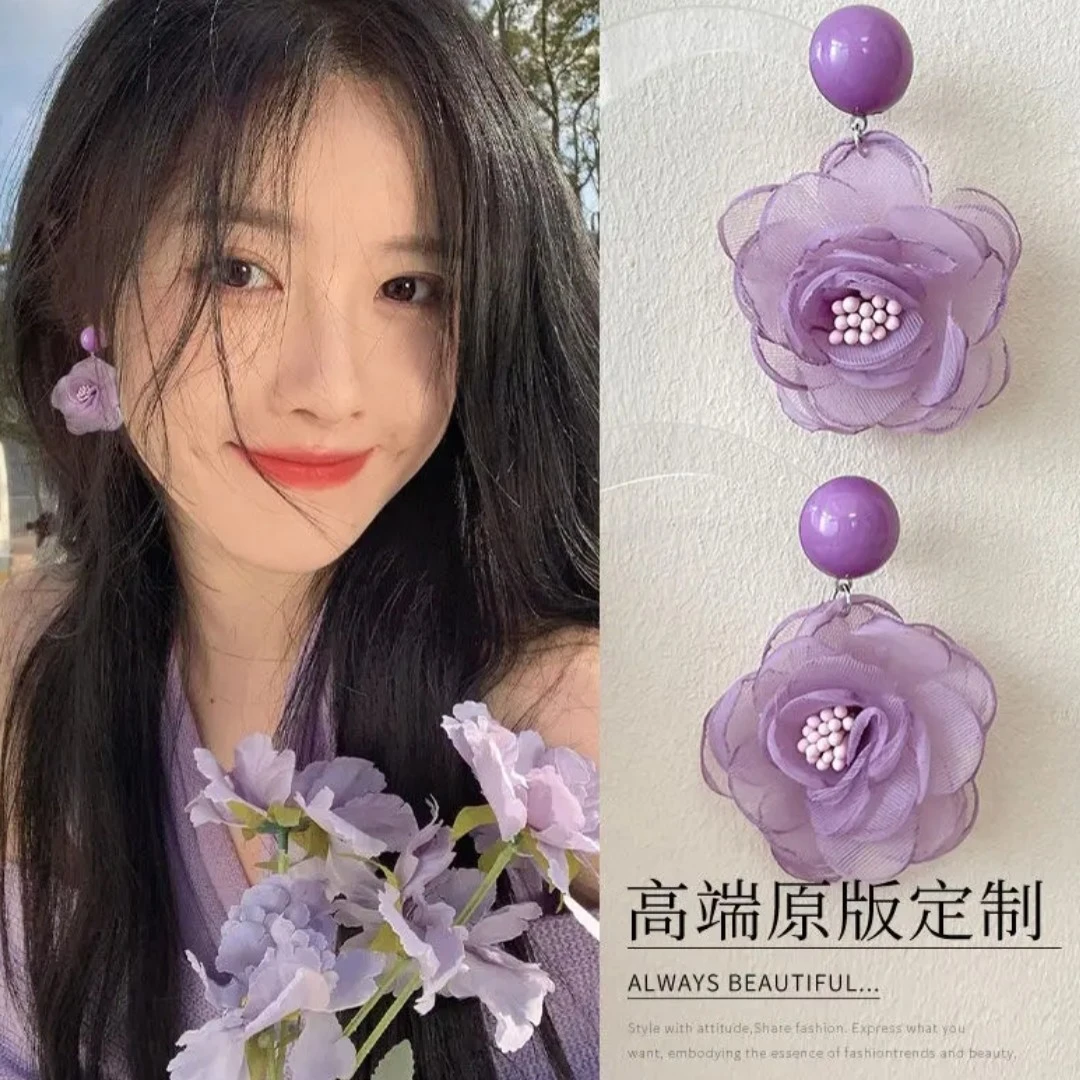 铜合金耳饰 日韩温柔雪纺蕾丝花朵耳饰仙女温柔紫色花耳钉女