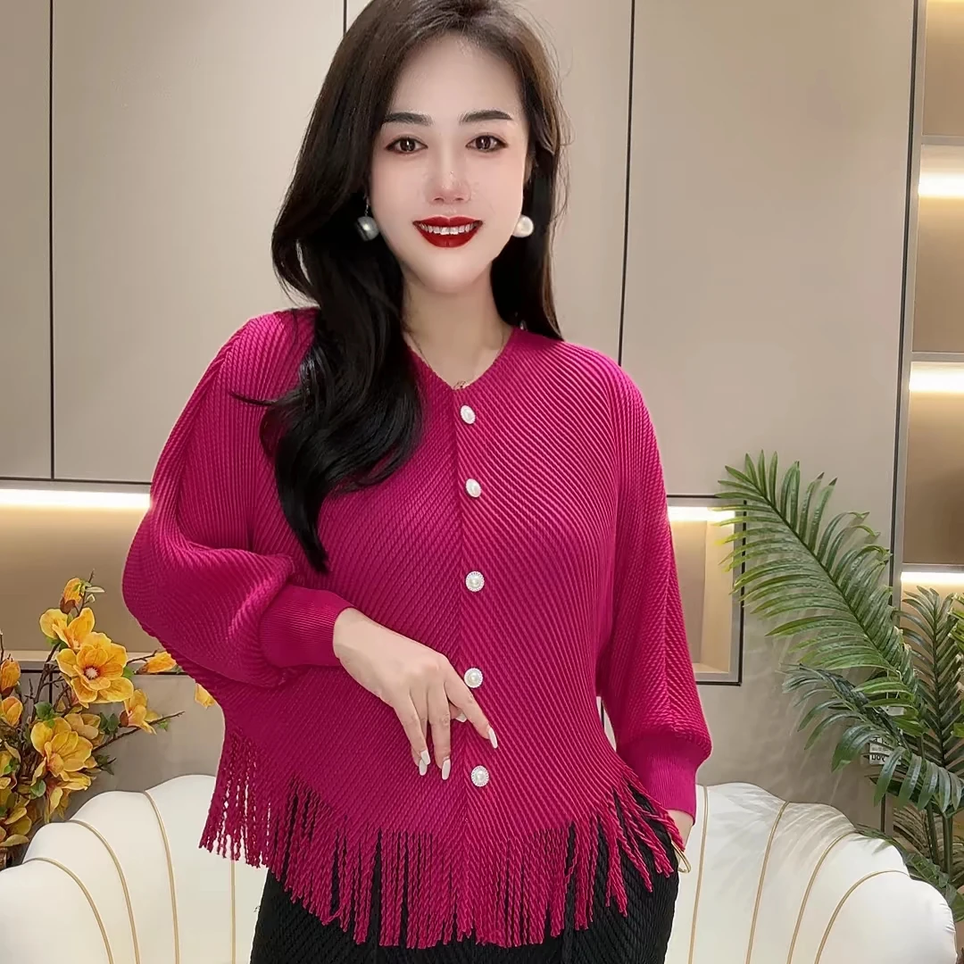 纯色褶皱流苏薄款春季女短外套秋季外套女士网红圆领秋冬红色