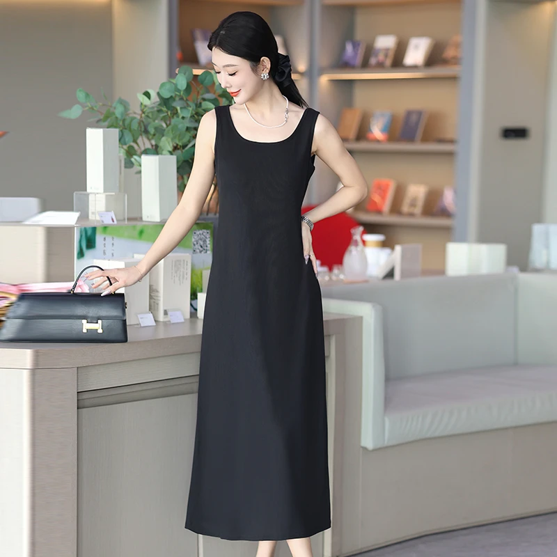 连衣裙显瘦气质夏季黑色中长款纯色大码时尚休闲百搭打底外穿901