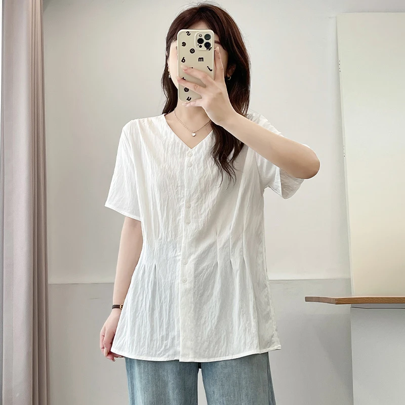 大码女装夏季新款时尚短袖衬衫女宽松显瘦百搭胖mm洋气遮肉上衣