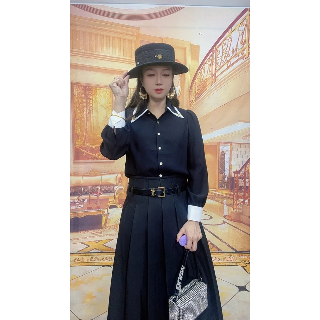 88020气质拼接色尖领衬衫女秋季新款高档减龄休闲百搭打底衫