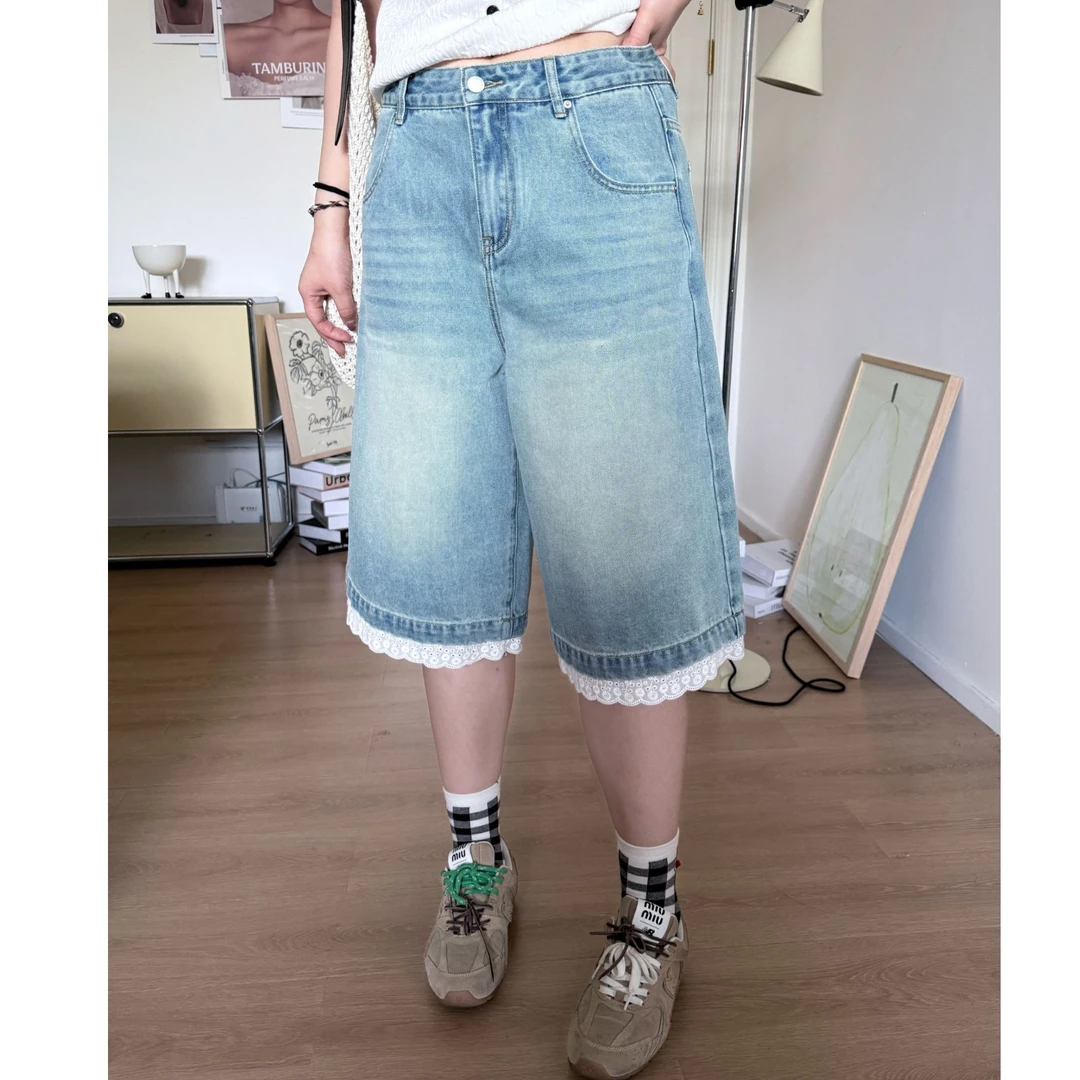 晶咕软软【蕾丝中裤】时尚休闲百搭潮流蕾丝拼接五分牛仔短