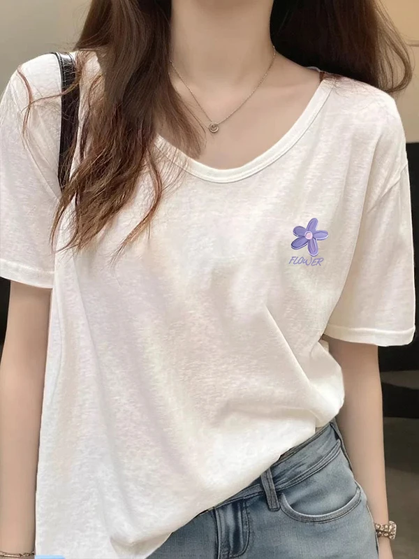 白色v领小众短袖t恤女夏季洋气时尚韩版休闲竹节棉薄款别致上衣潮