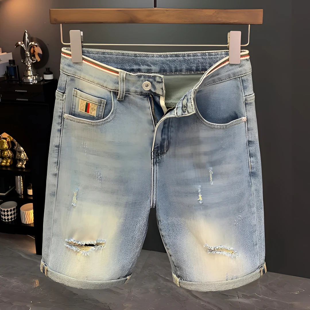 Cebrodz夏季潮牌复古破洞牛仔短裤男士高端水洗百搭休闲五分裤子