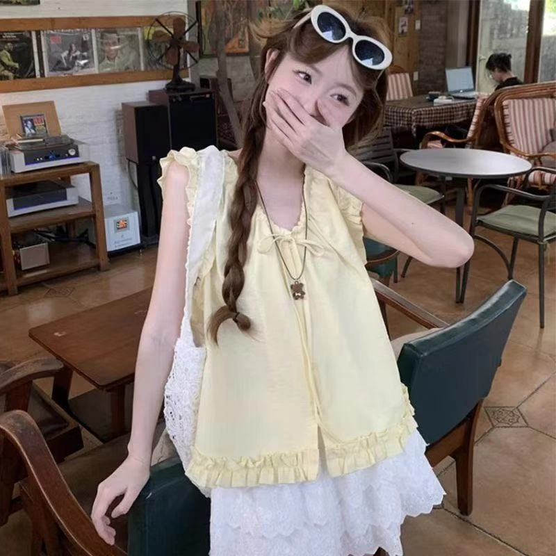 夏季新款法式高级感V领时尚小众木耳边气质无袖衬衫背心百搭上衣