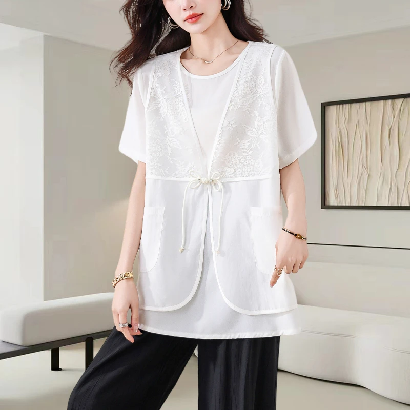 2025夏季新款短袖T恤搭配蕾丝马夹休闲两件套性感透视衬衫女