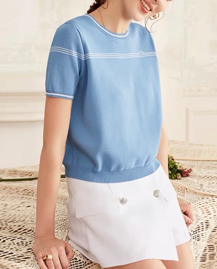 95新 MIU MIU/缪缪 字母条纹针织短袖 42码 D19351