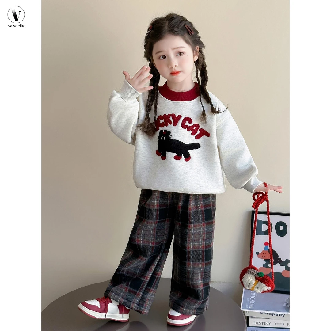 VALVOELITE女童加绒卫衣套装2025秋冬季新款加厚格子裤子韩版衣服
