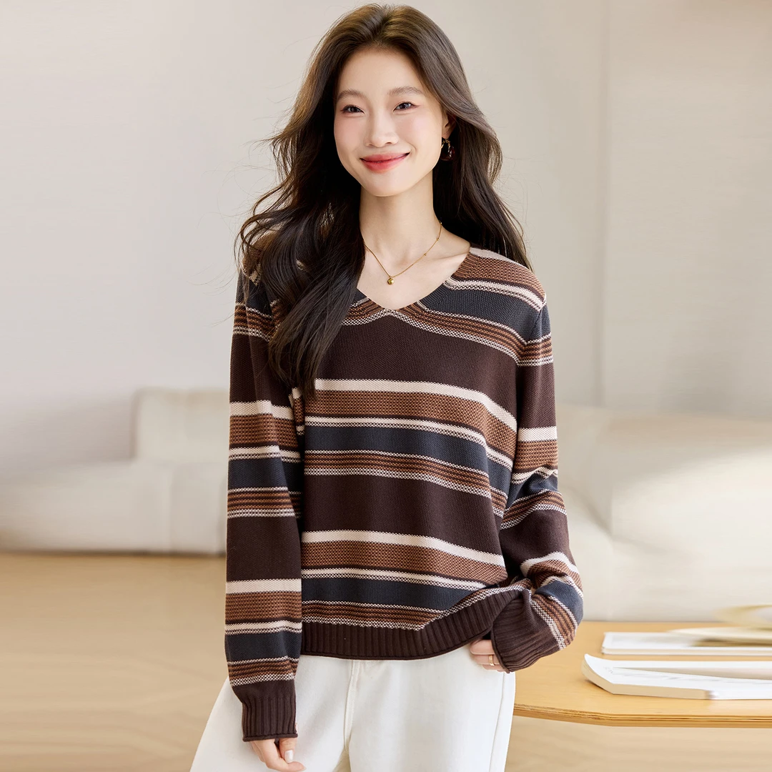 韩版宽松条纹V领针织衫女2025秋季新款时尚春秋打底衫慵懒风上衣
