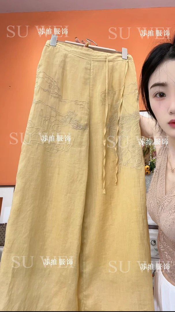 【祥云裤】9161苎麻刺绣阔腿裤双层设计文艺宽松休闲裤松紧腰系带