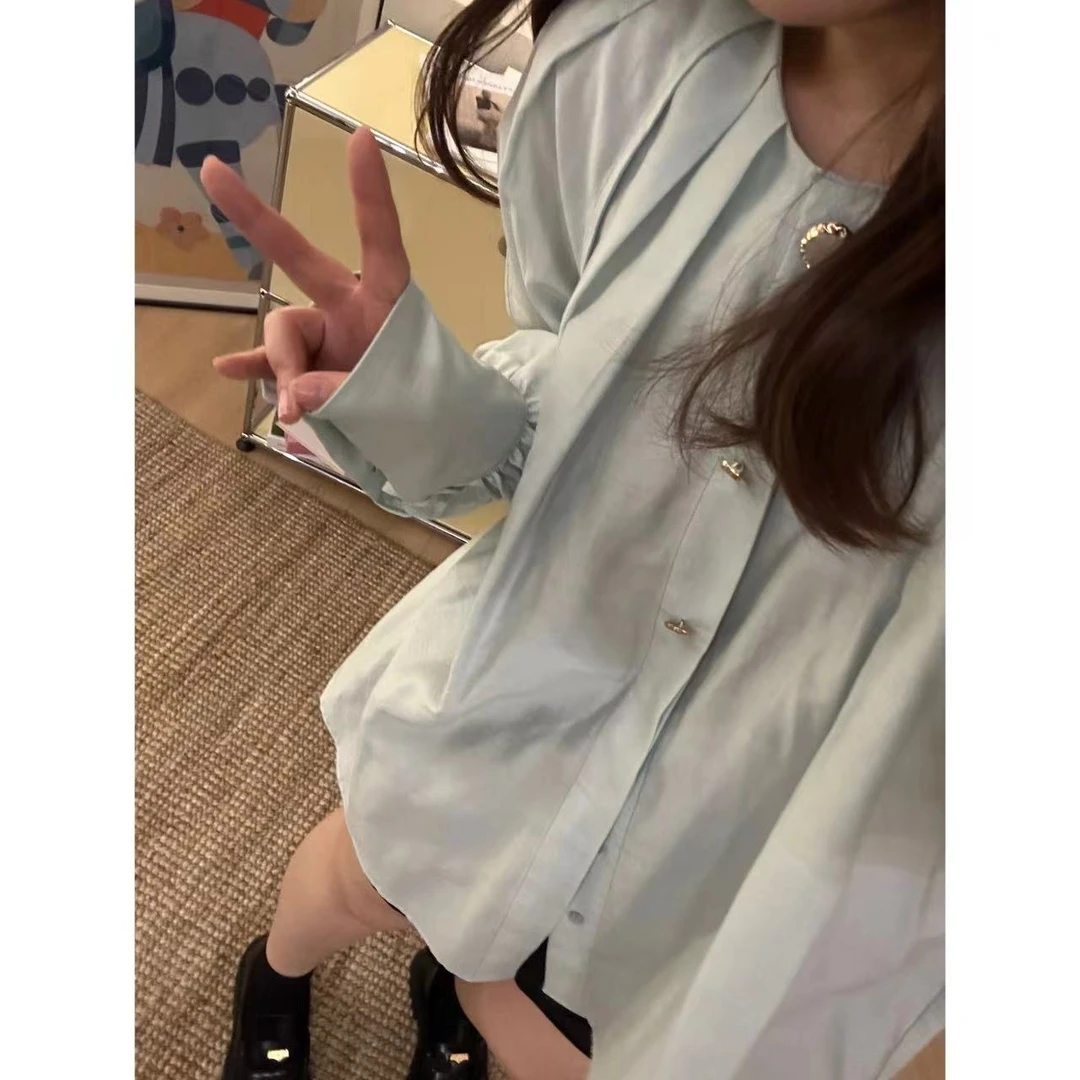 晶咕【茉莉小调】小众法式别致彩扣衬衫薄款宽松圆领百搭