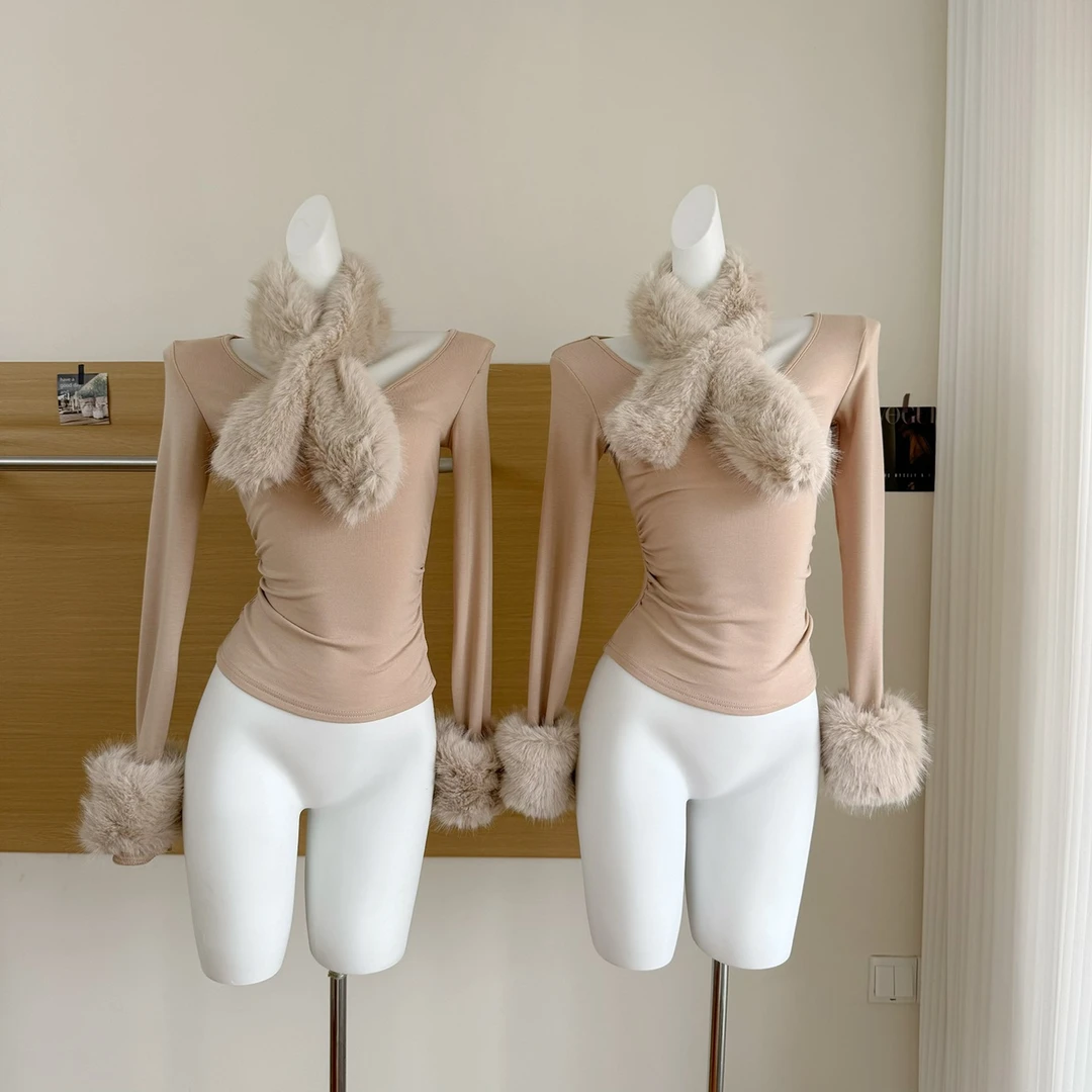 秋冬季V领显瘦针织上衣女气质高级感保暖拼毛毛袖紧身打底衫