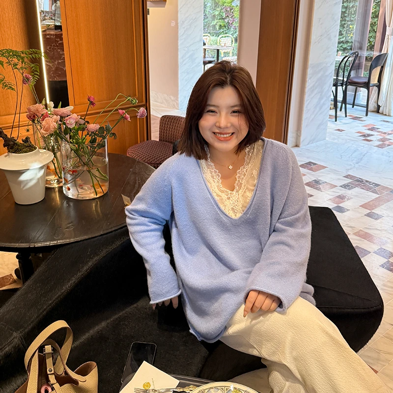 大懒懒/胖mm大码宽松慵懒感V领大毛衣