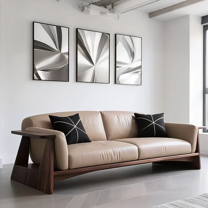 中古风北美黑胡桃木2025新款现代高端客厅接待皮艺直排实木沙发