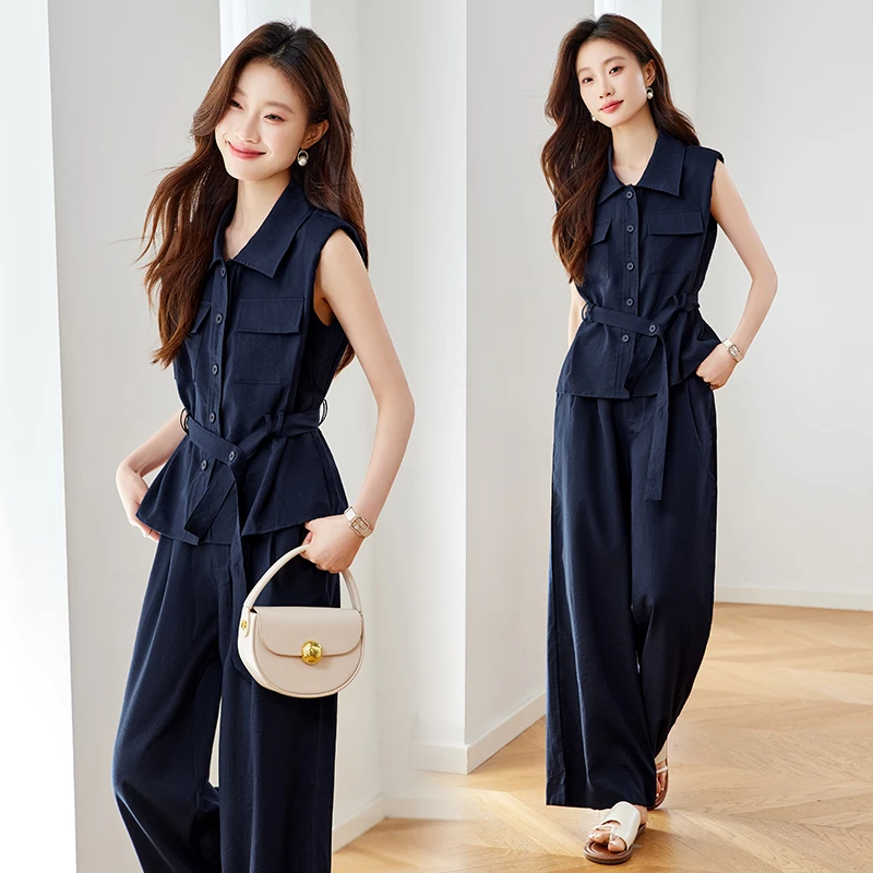 韩系设计感翻领衬衫套装女2025夏季新款时尚系带收腰阔腿裤两件套