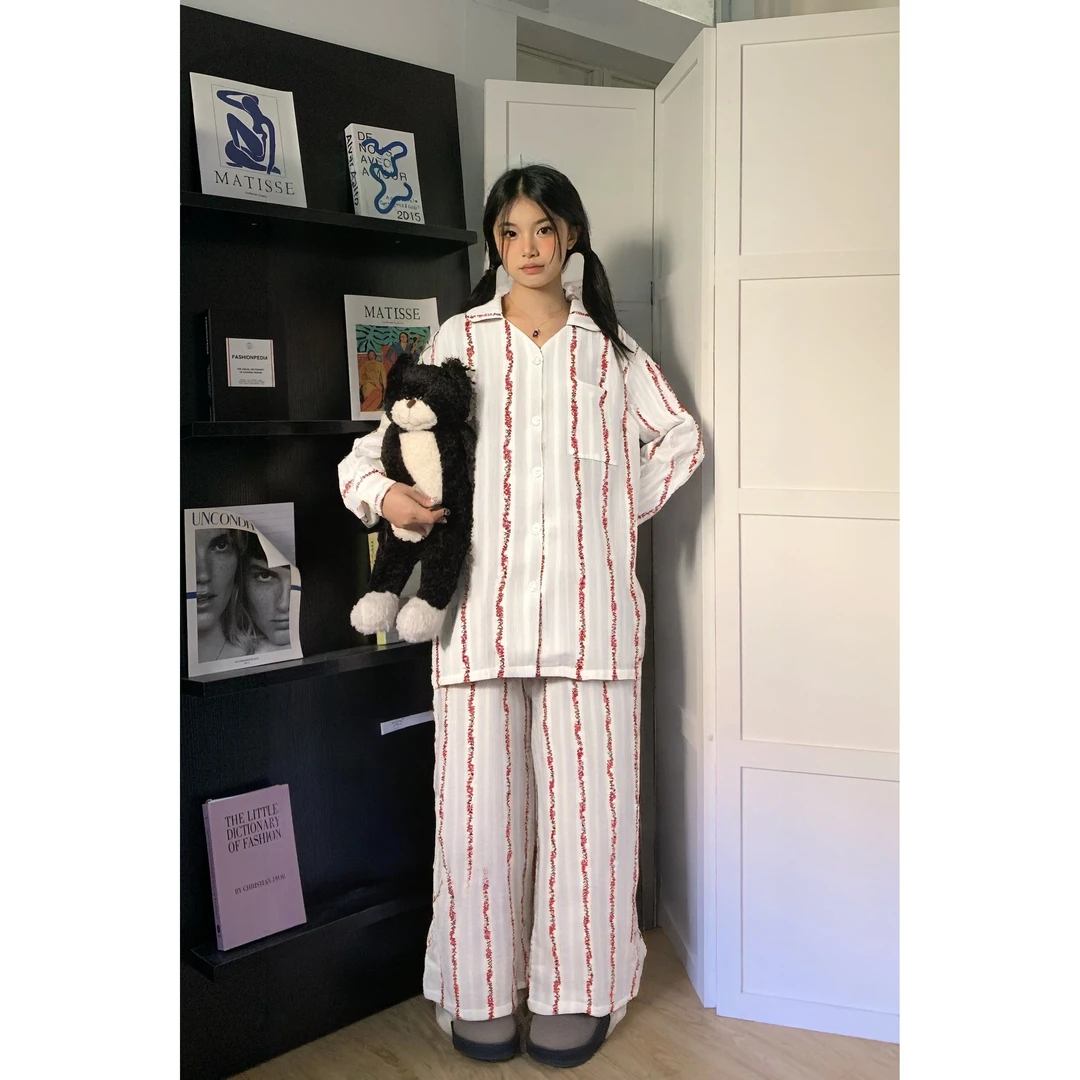 【小清新条纹】碎花高级感开衫睡衣女春秋新款家居服套装2025年新