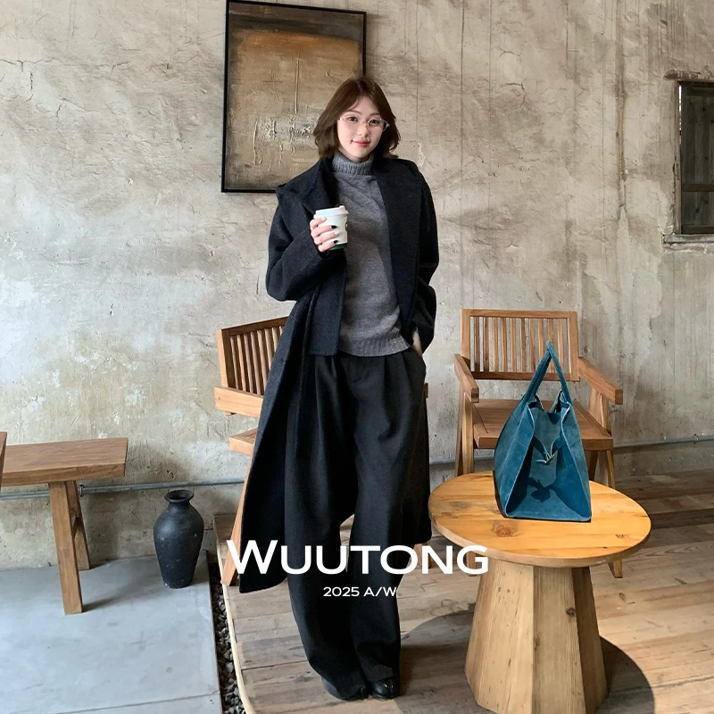 WuuTong【叠境】黑色双面毛呢大衣中长款高级感毛呢外套25T231