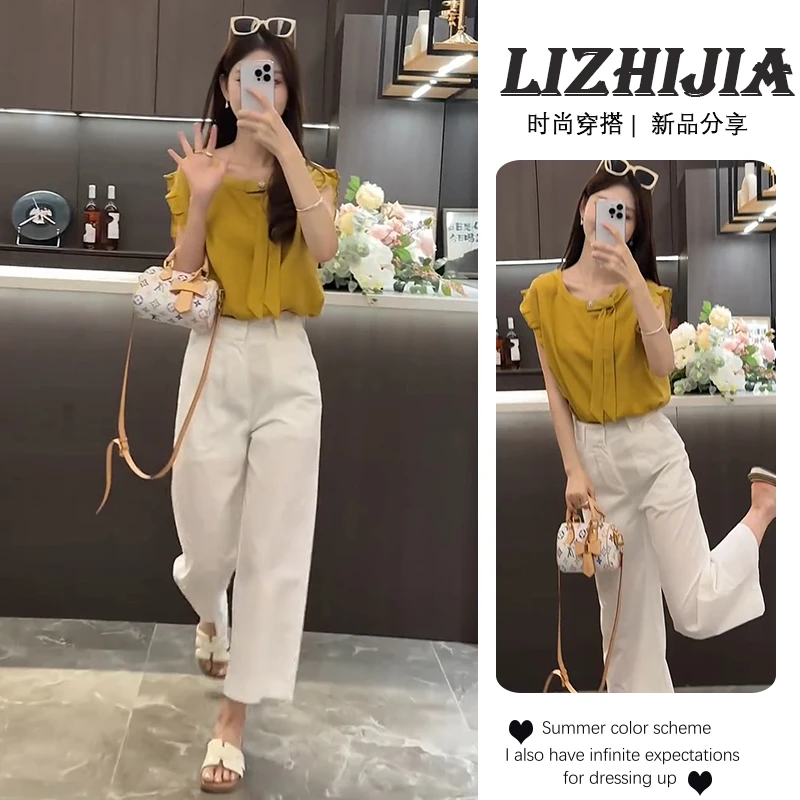 2025夏季新款通勤系带木耳边衬衫短袖上衣百搭直筒显瘦休闲裤套装