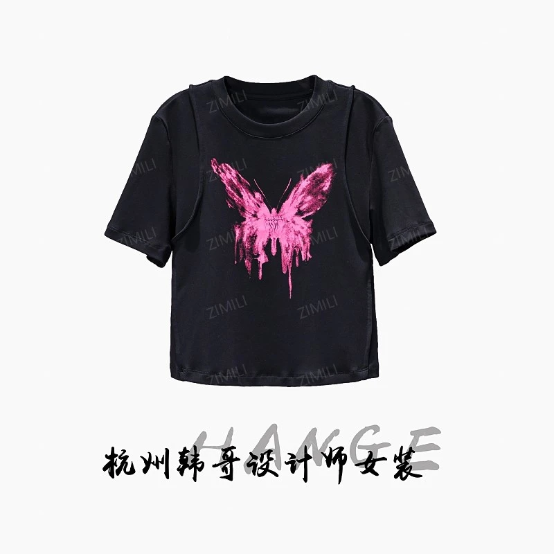 【韩哥女装】2025欧版莱赛尔天丝蝴蝶印花高克重圆领短袖3323-A2