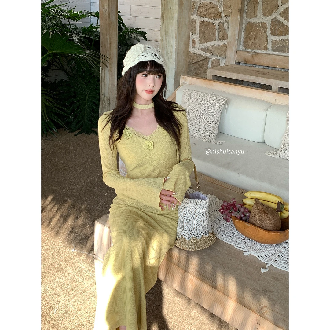 溺水三鱼【秋日庄园】气质温柔风立体花朵竖纹连衣裙修身显瘦长裙