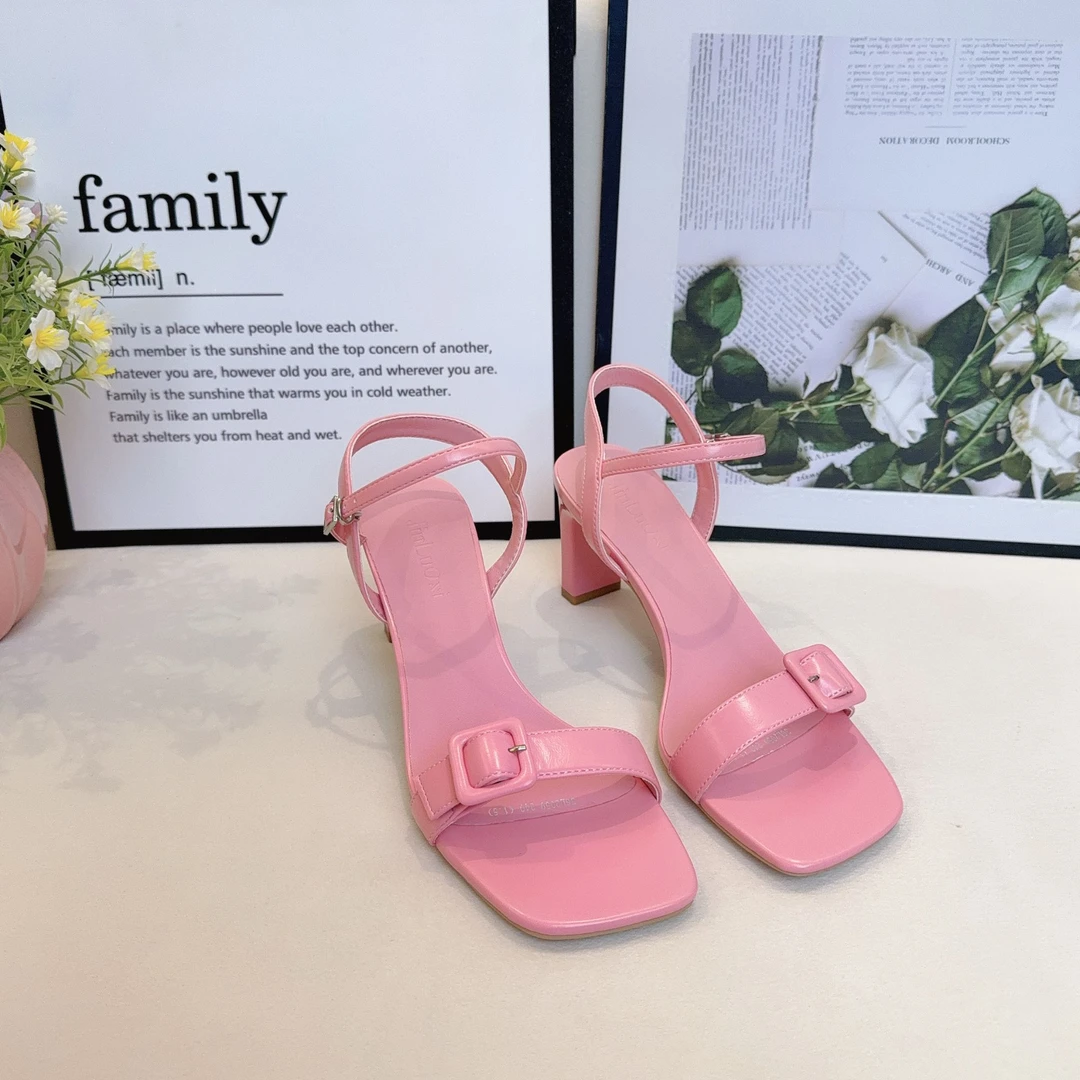 一字扣带露趾凉鞋女高跟罗马女鞋方头细跟鞋子女新款爆款C2059