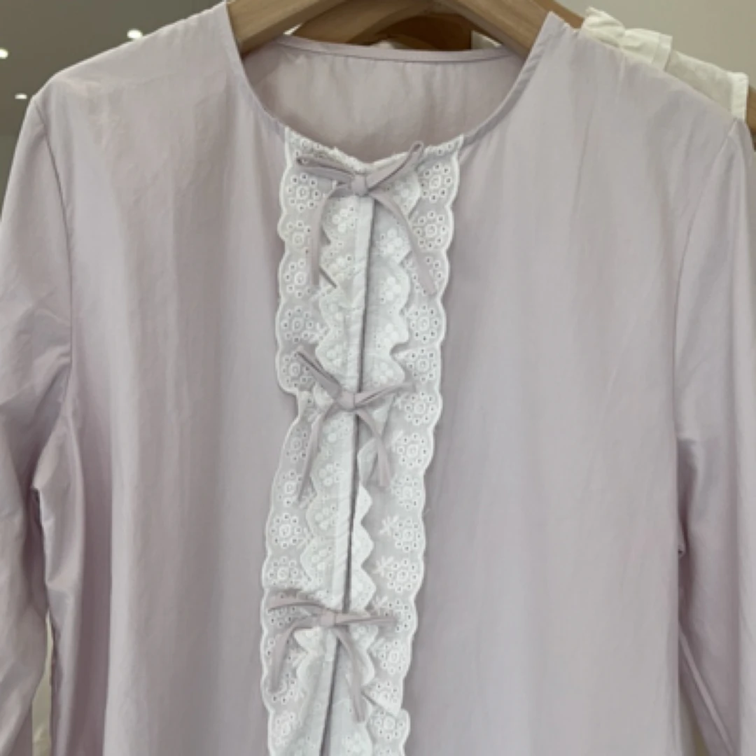 紫色蝴蝶节衬衣衬衫蕾丝长袖