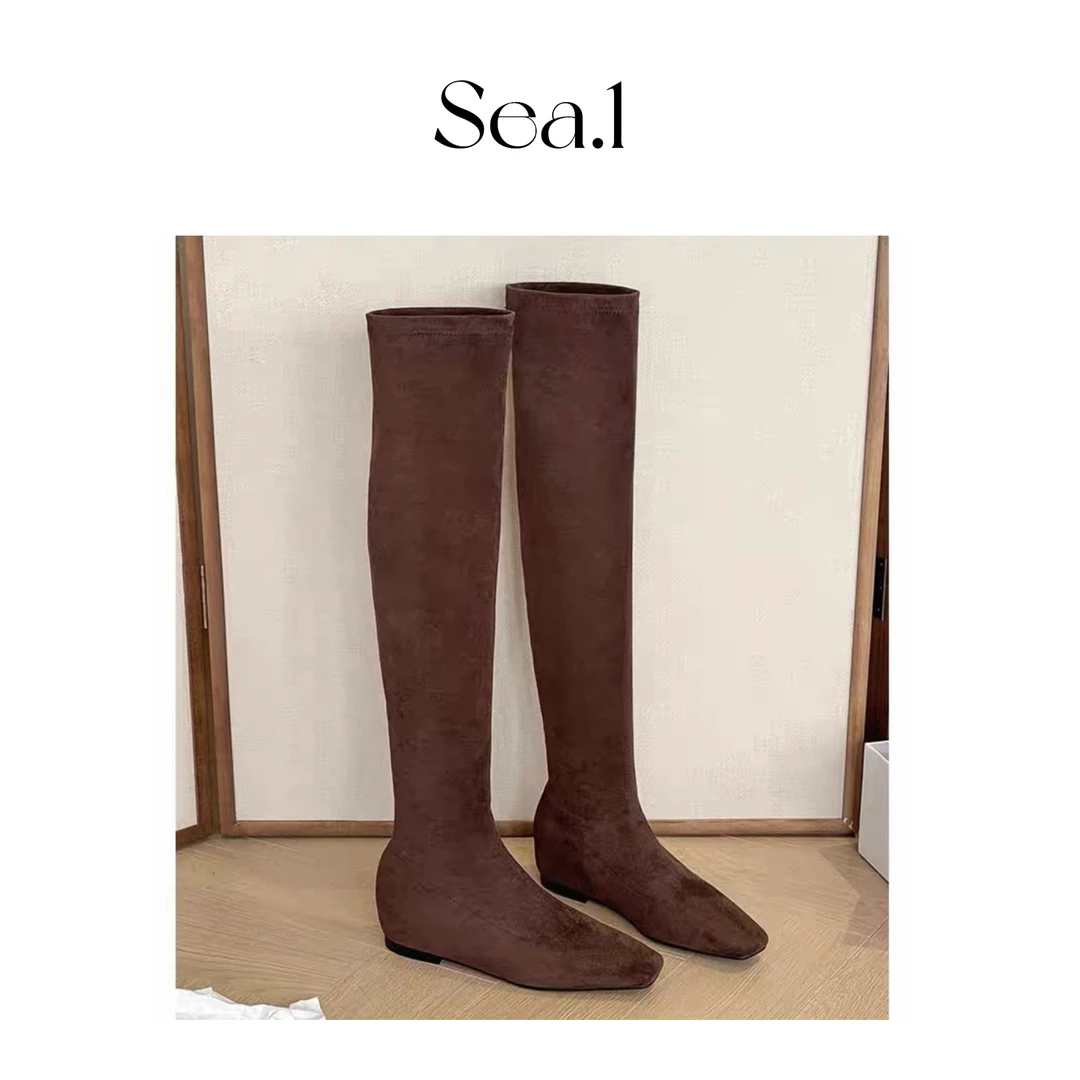 【Sea.1 AAn x 时装靴长筒棕色靴】粗跟瘦瘦靴高筒靴过膝长靴骑士女