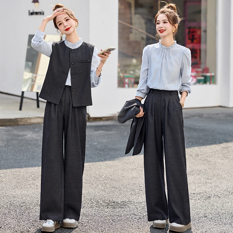 小香风洋气开春穿搭一整套2025新款超火减龄马甲衬衫阔腿裤三件套