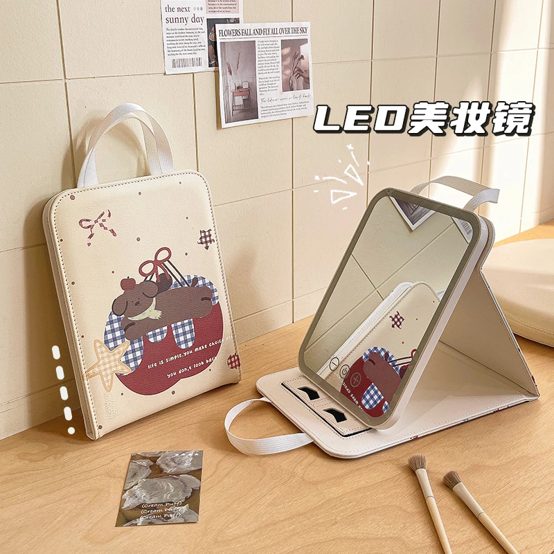 镜子化妆镜带灯led可折叠学生宿舍梳妆台桌面便携随身高清补光镜