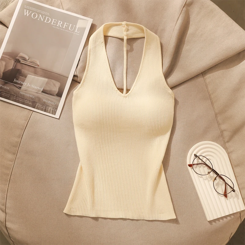 辣妹针织挂脖露背小吊带背心女夏季新款性感修身内搭美背短款上衣