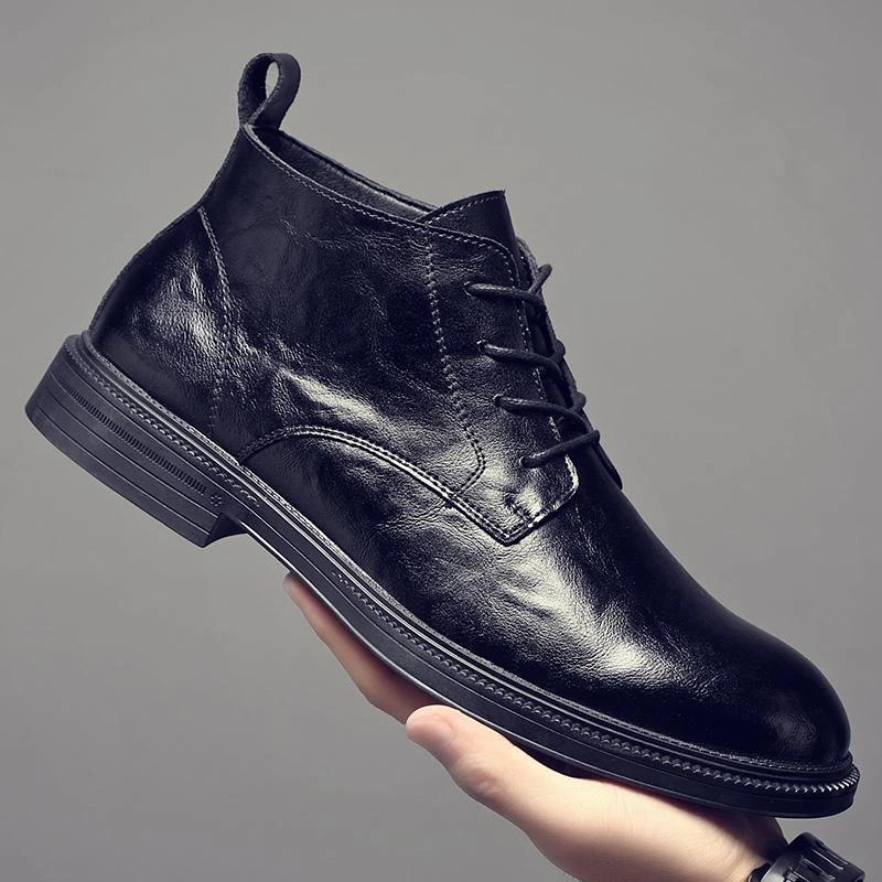 皮鞋男秋冬新款加绒中低帮真皮尖头马丁靴高级感男士商务正装皮鞋