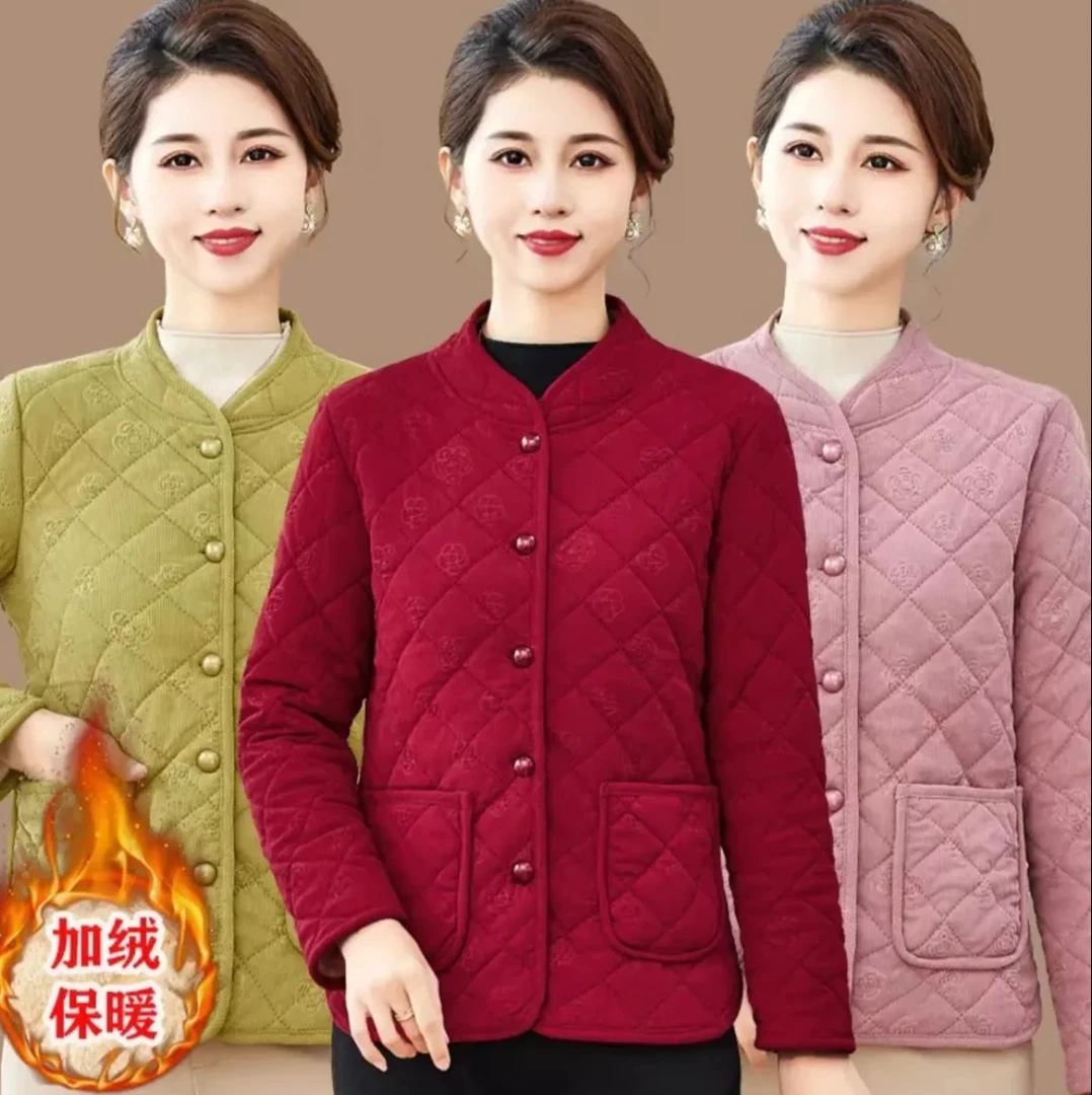 秋冬新款加绒棉衣休闲保暖妈妈装时尚中老年棉服外套棉袄