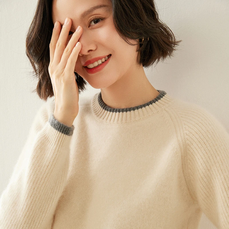 七针加厚款羊绒衫女士圆领拼色元宝袖宽松时尚针织打底毛衣